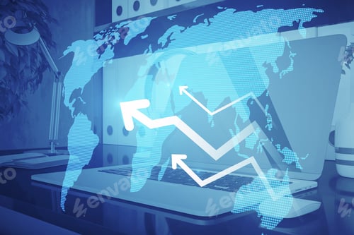 Preview: Close Up Of Workplace With Laptop, Digital Map And Arrows On Blurry Blue Background. Global