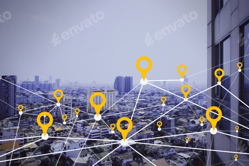 Preview: Creative Dawn City And Sky Wallpaper With Digital Map Pointer Connections And Mock Up Place For