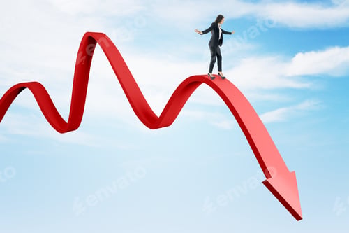 Preview: Attractive European Businesswoman Balancing On Abstract Falling Red Arrow On Sky Backdrop. Crisis