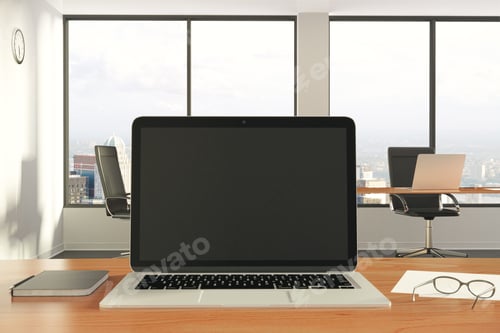 Preview: Blank Black Laptop Screen With Diary And Eyeglasses On Wooden Table 3D Render