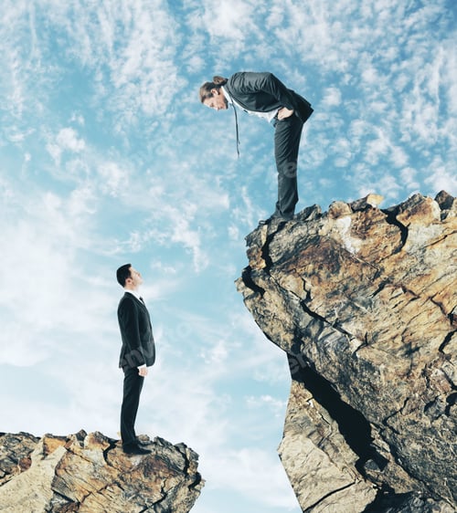 Preview: Two Businessmen On Different Cliff Levels Looking At Each Other. Supervision And Executive Concept