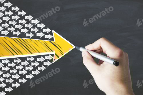 Preview: Hand With Pen Drawing Group Arrows On Blackboard. Leadership And Challenge Concept