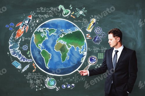 Preview: Handsome European Businessman Drawing Creative Globe Sketch On Chalkboard Backdrop. Science And