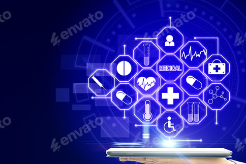 Preview: Medicine And Tech Concept. Hand Holding Tablet With Creative Glowing Blue Medical Interface On Dark