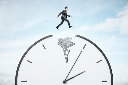 Preview: Businessman Runing On Gear Cogwheel Clock On Blue Sky Baclground. Time Management And Dial Concept