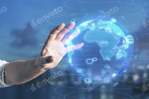 Preview: Hand Using Glowing Social Network Hologram. Business And Communication Concept.