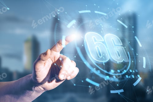 Preview: Hand Pointing At Abstract 6G Interface On Blurry Night City Background. Internet Speed Concept