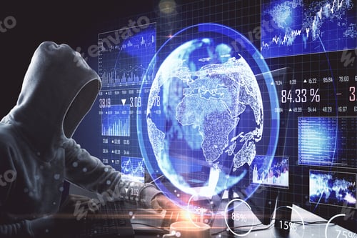 Preview: Hacker Using Computer With Global Business Scheme In Office. Hacking And Cyber Attack Concept.