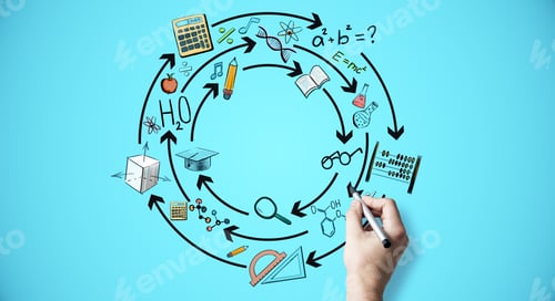 Preview: Creative Hand Drawn Education Sketch On Blue Background. Science And Brainstorm Concept
