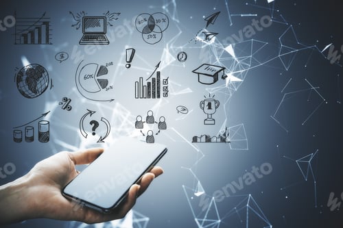 Preview: Businessman Hand Holding Smartphone And Drawing Charts And Graphs On Polygonal Background. Finance