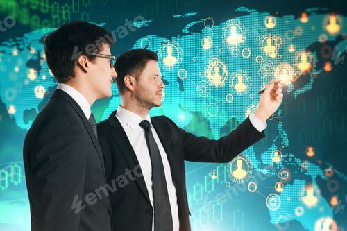 Preview: Two Handsome Young Businessmen With Abstract Map Interface. Global Business And Teamwork Concept.