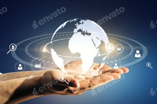 Preview: Close Up Of Male Hand Holding Glowing Social Globe Hologram On Blue Background. Information, Data