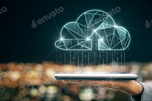 Preview: Hand Holding Tablet With Creative Glowing Blue Polygonal Binary Code Cloud Raining On Blurry Night