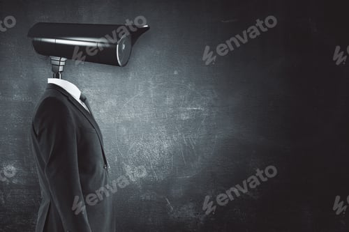 Preview: Side View Of Young Businessman With Cctv Camera Head On Concrete Wall Background With Copy Space