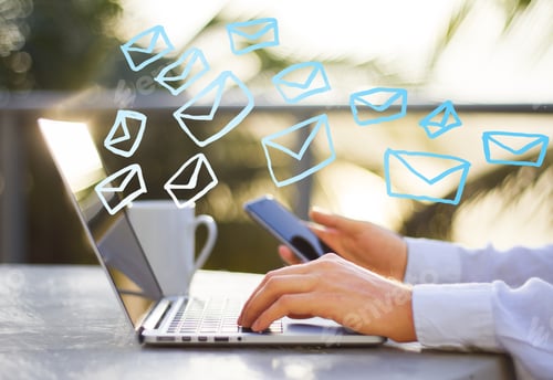 Preview: Side View Of Businessman Hands Using Laptop And Smartphone With Email Icons. Communication Concept