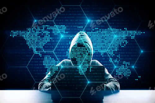 Preview: Hacker In Hoodie Using Laptop With Digital Glowing Map Interface. Ai And Data Concept. Double