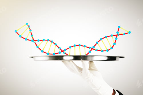 Preview: Hand In White Glove Holding Tray With Dna On Light Background