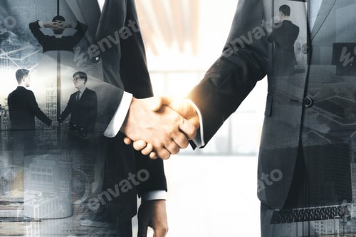 Preview: Close Up Of Abstract Handshake On Abstract City Background With Coffee Cup And Laptop. Work