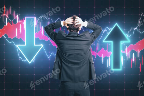 Preview: Scared Businessman Looking On Glowing Stock Analytics With Arrow On Virtual Screen. Global Business