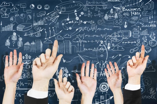 Preview: Row Of Waving Hands On Abstract Chalkboard Background With Business Sketch. Leadership Concept