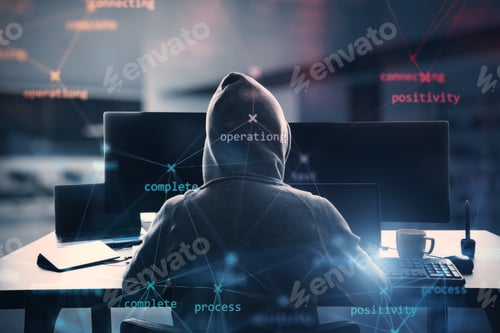 Preview: Back View Of Hacker At Desktop Using Computers With Creative Process Stages Mesh On Blurry Office