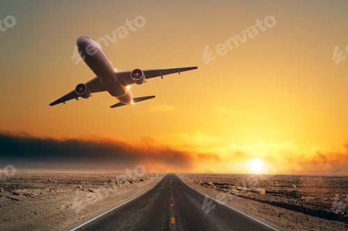 Preview: Road With Taking Off Airplane. Travel And Takeoff Concept