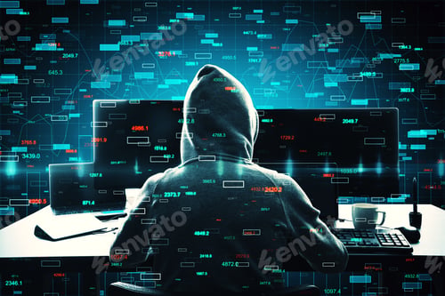 Preview: Hacker Using Computer With Forex Candlestick Charts. Malware And Trade Concept. Double Exposure