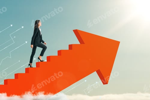 Preview: Young Businesswoman Climbing Abstract Red Arrow Ladder On Sky Background. Career Promotion And