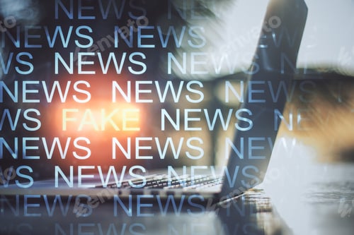 Preview: Laptop With Creative News Header Hologram On Blurry Background. Information And Breaking Concept