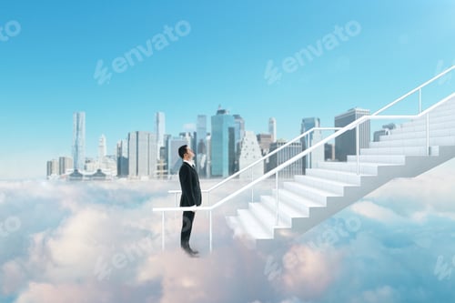 Preview: Side View Of Young Businessman Climbing Abstract Cloud Stairs On Blue Sky City Background. Success