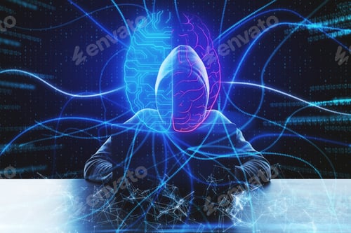 Preview: Hacker Using Laptop With Digital Brain Hologram On Blurry Background. Big Data And Virus Concept.