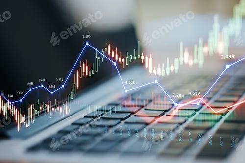 Preview: Close Up Of Laptop Computer With Glowing Forex Chart Trading Interface On Blurry Background