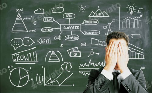 Preview: Stressed Businessman Closing Face With Palms On Chalkboard Background With Business Sketch