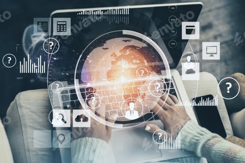 Preview: Hand Using Laptop With Hologram Digital Business Interface. Analytics And Trade Concept. Double