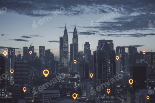 Preview: Abstract Night City Background With Glowing Location Marks. Smart City And Gps Concept