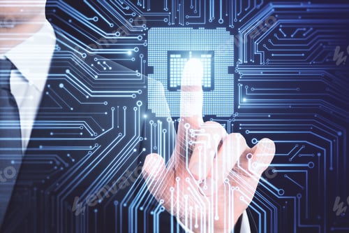 Preview: Businessman Hand Pointing At Abstract Circuit Chip. Computing And Innovation Concept. Double