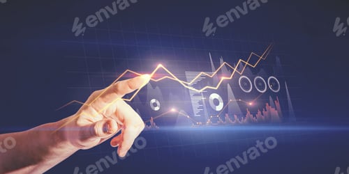 Preview: Close Up Of Businessman Hand Holding Creative Business Chart Hologram On Blue Background