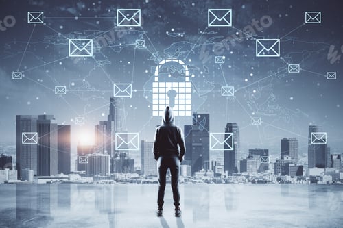 Preview: Unrecognizable Hacker Using Abstract Padlock Social Network Interface On Blurry Night City