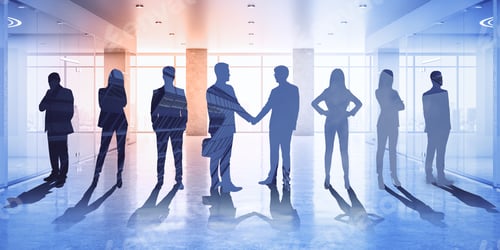 Visualização: Businesspeople On Abstract Office Hologram Background. Conference And Partnership Concept
