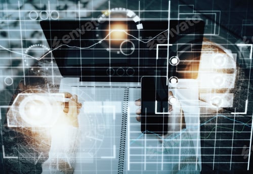 Preview: Hands Using Smartphone And Laptop With Glowing Business Hologram. Technology And Network Concept