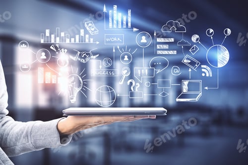 Preview: Hand Holding Digital Tablet With Drawing Charts And Global Marketing Plan On Blurry Office