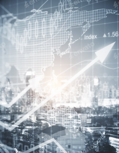 Preview: Abstract Forex Chart On City Background. Trade Concept. Toned Image. Double Exposure