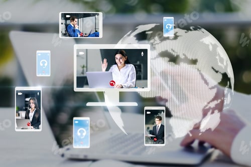 Preview: Close Up Of Hands At Workplace With Devices And Creative Globe Map With Computer Screens And
