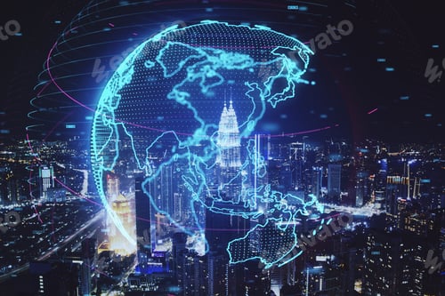 Preview: Glowing Digital Blue Globe Hologram On Night City Backdrop. Internet, Earth And Future Concept