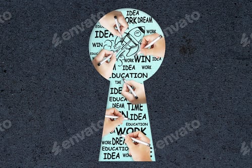 Preview: Creative Keyhole With Drawn Business Sketch On Concrete Background. Opportunity And Success Concept