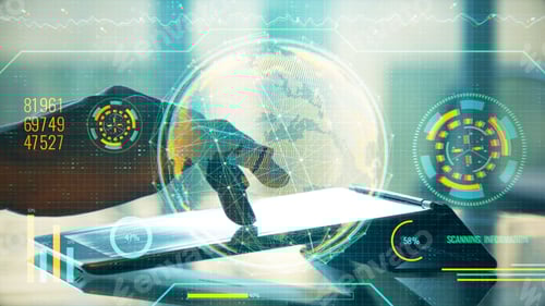 Preview: Hand Using Device With Digital Globe Interface. International Trade And Finance Concept. Double