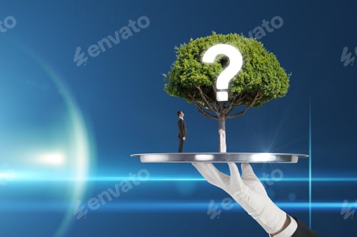 Preview: Hand Holding Abstract Tray With Tree, Question Mark And Thinking Businessman On Blue Background