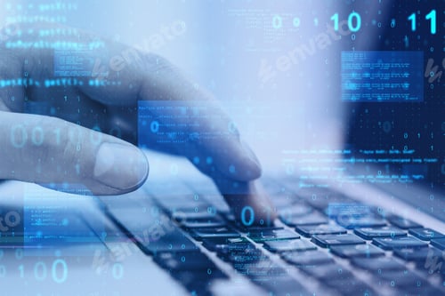 Preview: Close Up Of Hand Using Laptop At Desktop With Abstract Glowing Blue Coding Background. Binary Code