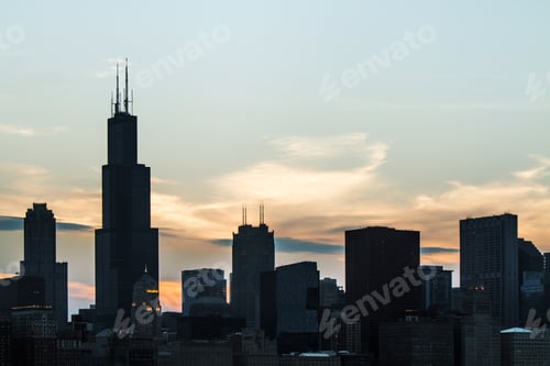 Preview: Beautiful Chicago Skyline On Sunset Sky Background