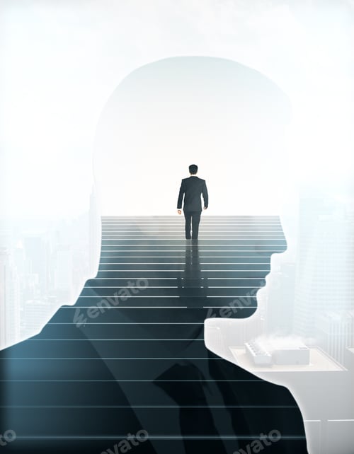 Preview: Back View Of Businessman Climbing Stairs And Male Head Silhouette On Light Background. Success
